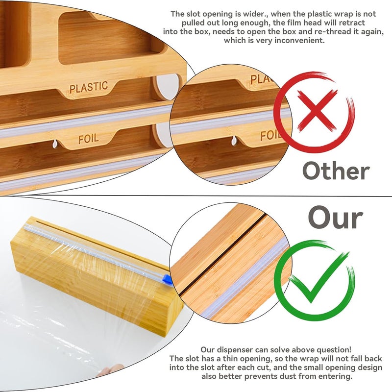 Uncle Jack Plastic Wrap Dispenser With Slide Cutter, Fit 13'' Rolls, Bamboo Aluminum Foil Dispenser with Cutter for Wax Paper, Saran Wrap - Image 4
